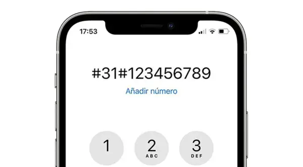 Pantalla de iPhone mostrando cómo llamar con número oculto. El código #31# precede al número de teléfono.
