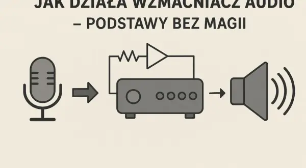 Schemat pokazuje, jak mikrofon przekazuje sygnał do wzmacniacza, który zwiększa jego moc RMS, a następnie do głośnika.