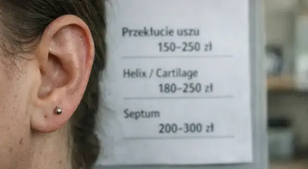 Cennik przekłuć: ucho 150-250 zł, helix 180-250 zł, septum 200-300 zł.