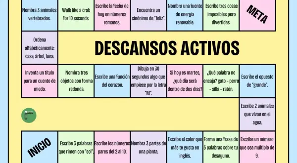 Tablero de juego para **descansos activos** en el aula, con casillas que proponen retos como nombrar animales, escribir rimas o dibujar.