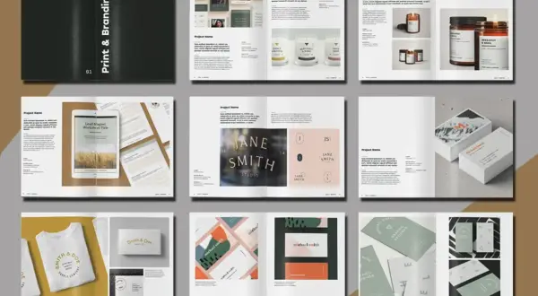 A visual guide on how to make a portfolio in InDesign, showcasing various branding and design projects.