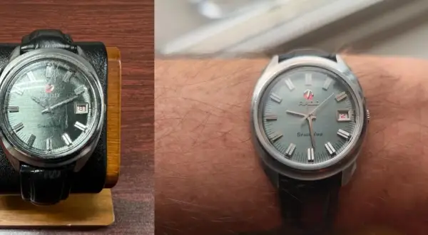 Reloj Rado Space Wing con cristal mineral rayado, listo para pulir.