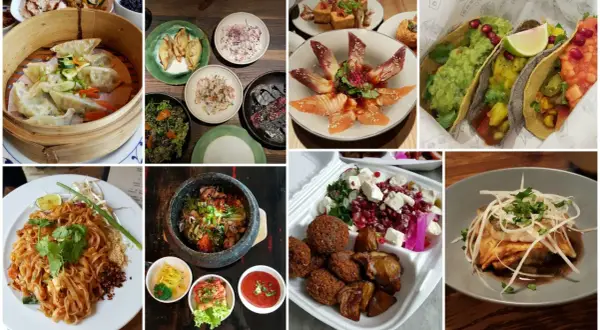 Kolorowe dania, idealne na menu na chrzciny: pierożki, tacos, sałatki, pad thai, ryby i falafel.