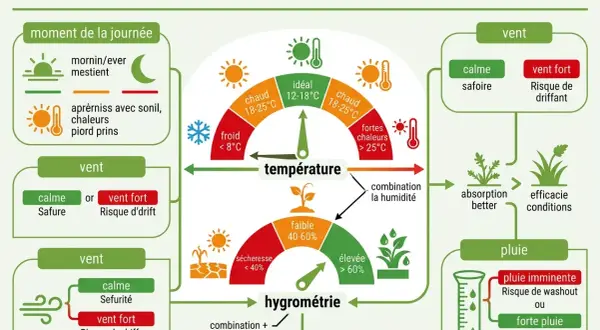 Tableau météo pour savoir quand mettre du désherbant glyphosate : idéalement par temps calme, chaud mais pas trop, et sec. Éviter le vent fort et la pluie.