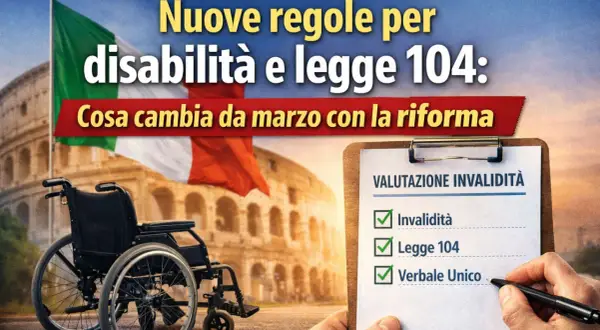 Carrozzina e bandiera italiana davanti al Colosseo. Documento "Valutazione Invalidità" con spunta su "Invalidità", "Legge 104" e "Verbale Unico". Riforma per invalidità 30 per cento.