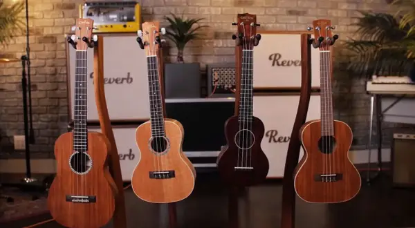 Cztery ukulele na stojaku. Zastanawiasz się, jak wybrać ukulele? Oto kilka opcji.