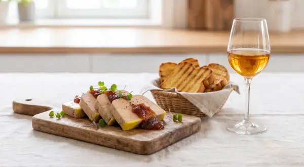 Tranches de foie gras de qualité, garnies de confiture et de pousses vertes, servies avec des toasts grillés et un verre de vin blanc.