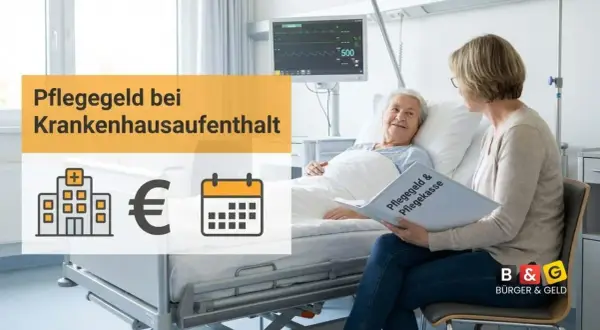 Pflegegeld bei Krankenhausaufenthalt: Eine ältere Frau im Krankenhaus erhält Besuch und Informationen zur Pflegekasse.