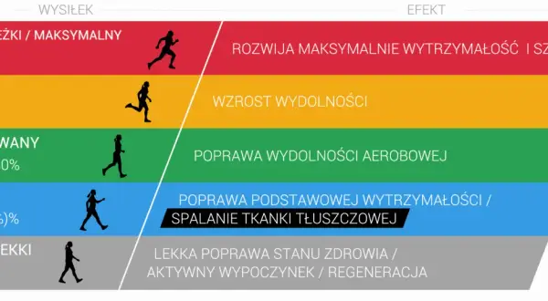 Grafika przedstawia poziomy wysiłku i ich efekty, od bardzo ciężkiego treningu aerobowego rozwijającego wytrzymałość i szybkość, po lekki poprawiający stan zdrowia.