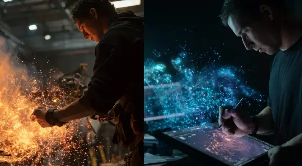 Kowal w ogniu i artysta tworzący cyfrowe efekty wizualne (vfx co to). Dwie strony kreacji.