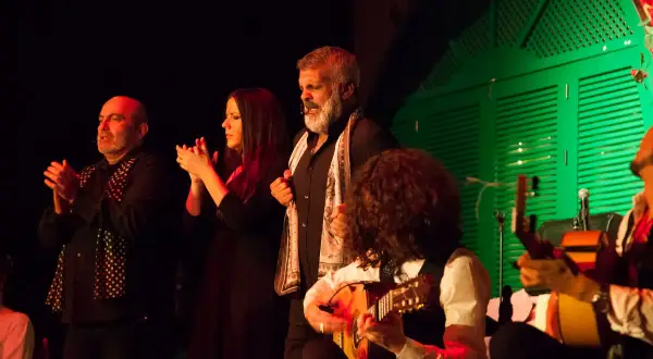 Artistas flamencos, incluyendo cantaores flamencos famosos, aplauden y tocan la guitarra en un escenario con una puerta verde de fondo.