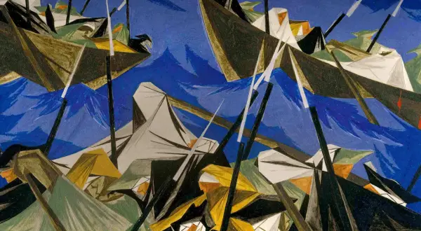 A Jacob Lawrence painting depicts boats with oarsmen navigating choppy blue waters under a dark sky.