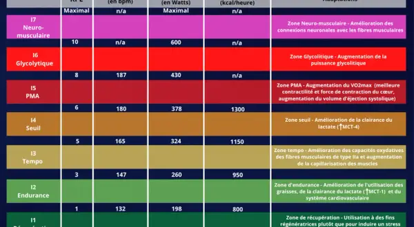 Tableau des zones d'entraînement : endurance fondamentale zone 2 ou 3, tempo, seuil, PMA, glycolytique, neuro-musculaire, avec RPE, FC, puissance et dépenses énergétiques.