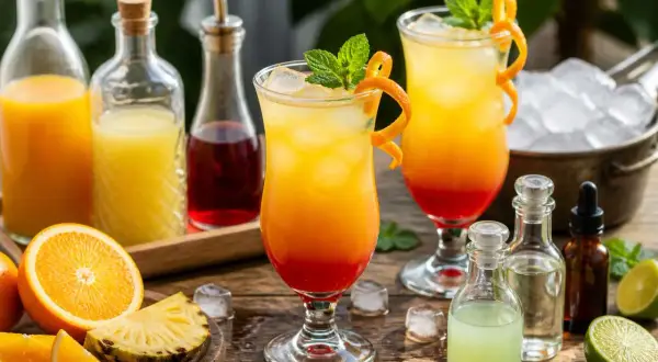 Deux cocktails colorés, parfaits pour un cocktail été, avec des fruits frais et des ingrédients pour les préparer.