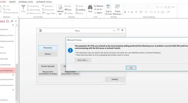 Błąd w Microsoft Access: problem z komunikacją serwera OLE lub kontrolki ActiveX. Błąd oceny makra lub funkcji.
