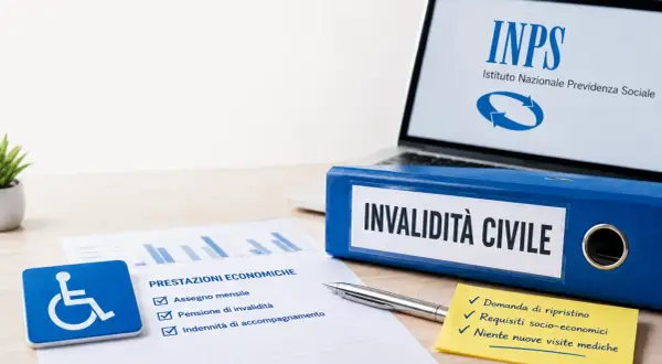 Cartella "Invalidità Civile" con documenti INPS, simbolo disabilità e foglietti per pratiche post-quadrantectomia seno.