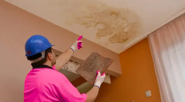 Un trabajador con casco azul y polo rosa señala una mancha de humedad en el techo, indicando que se puede caer el techo por una gotera.
