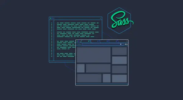 Code et maquette de site web, avec le logo Sass. Développement web avec Angular et Sass.