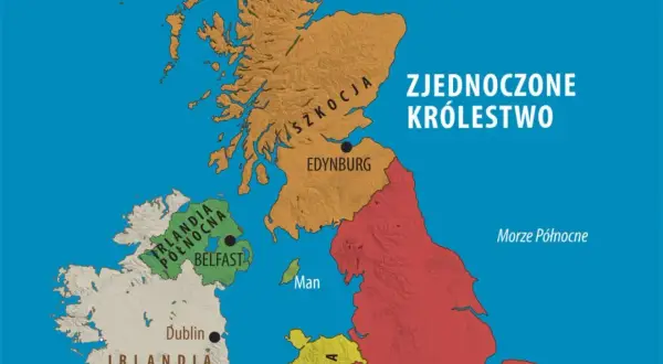 Mapa polityczna Wielkiej Brytanii (wyspa) z zaznaczonymi Szkocją, Anglią, Irlandią Północną i Irlandią.