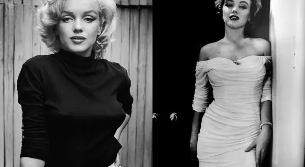 Ikoniczna sylwetka Marilyn Monroe w czarnym golfie i białej spódnicy, obok w białej, dopasowanej sukni.