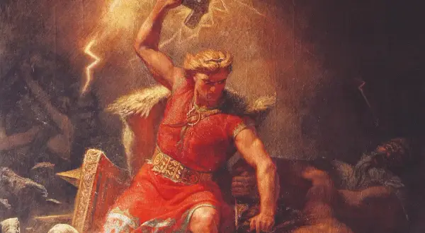 Tordön och blixtar när Tor, en av de mest kända asagudar, svingar sin hammare Mjölner.