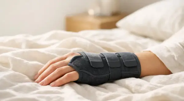Polso fasciato per alleviare i dolori di mani e piedi di notte. Riposo a letto con tutore.