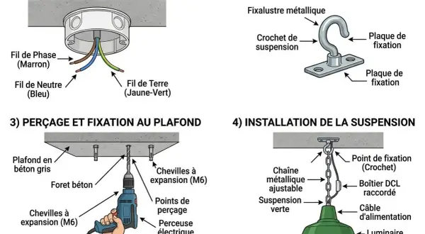 Étapes pour installer luminaire plafond : préparation du boîtier DCL, fixation métallique, perçage et installation de la suspension.