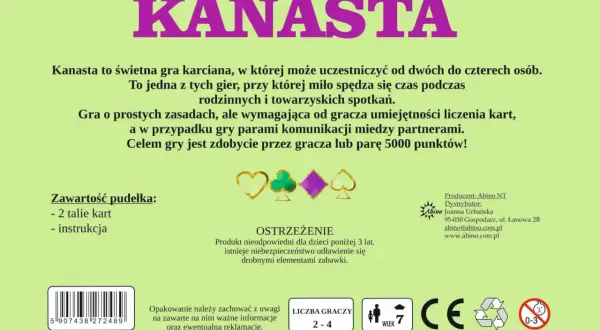 Gra karciana Kanasta to świetna zabawa dla 2-4 osób. W pudełku 2 talie kart i instrukcja. Idealna na rodzinne spotkania.