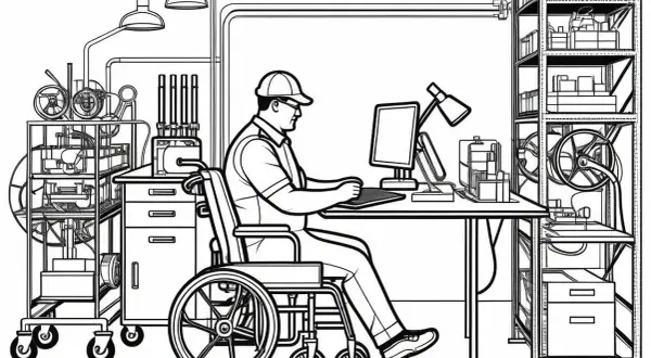 Uomo in sedia a rotelle lavora al computer, in un ambiente che ricorda un laboratorio o un ufficio. Potrebbe essere un esempio di congedo per cure invalidi depressione, dove il lavoro da remoto è una soluzione.
