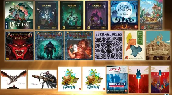 Kolekcja gier planszowych, w tym "Aeon's End", "Kinfire Delve" i "Primal", idealnych do emocjonujących rozgrywek w stylu **gier esportowych**.