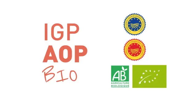 Labels IGP, AOP, BIO, et logos Agriculture Biologique français et européen.