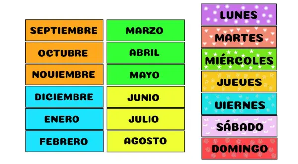 Carteles para asamblea infantil para imprimir: meses del año y días de la semana.