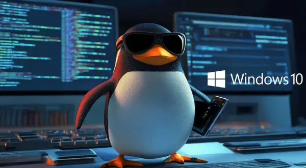 Pingwin w okularach trzyma tablet, a za nim ekrany z kodem i logo Windows 10. To jakby "windows to go" dla pingwinów!