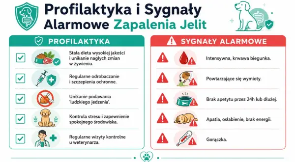 Objawy zapalenia jelit u psa: krwawa biegunka, wymioty, brak apetytu, apatia, gorączka. Profilaktyka: dieta, szczepienia, wizyty u weterynarza.