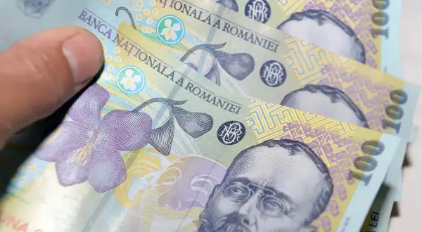Dłoń trzyma banknoty 100 lei, rumuńska waluta. Na banknotach widnieje portret mężczyzny i kwiat.