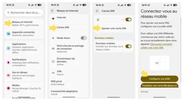 Configuration d'une eSIM sur votre téléphone. L'image montre les étapes pour ajouter une nouvelle carte SIM ou configurer une eSIM.