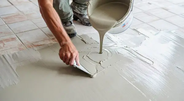 Application de béton ciré sur un carrelage existant. Un ouvrier étale le produit avec une spatule, transformant le sol.