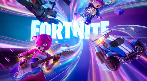 Postacie z Fortnite, w tym Jonesy, robot z klocków i różowy miś grający na gitarze, w dynamicznej scenerii. Graj w Fortnite przez Xbox Cloud Gaming!