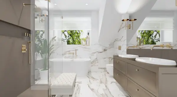Elegancka łazienka modern classic z wanną, prysznicem, dwoma umywalkami i złotymi detalami.