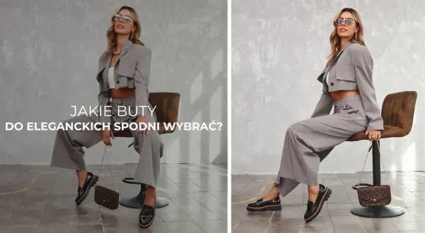 Eleganckie buty damskie do szerokich spodni. Stylowa kobieta w szarym garniturze i czarnych mokasynach.