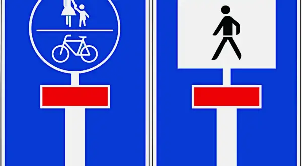 Zwei Verkehrszeichen Sackgasse: Links ein Kreis mit Frau und Kind über Fahrrad, rechts ein Fußgänger.