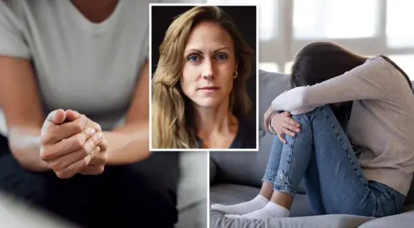 En kvinna med sammanflätade händer, en närbild av en kvinna med blå ögon och en ung person hopkrupen på en soffa, som visar tecken på ångest eller depression.