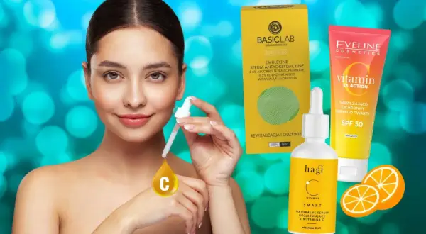 Kwas askorbinowy w kosmetykach: modelka z serum i kremem z witaminą C, które rozjaśniają i chronią skórę.