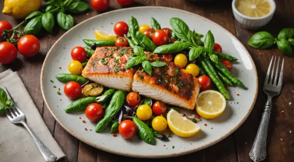 Un délicieux filet de lingue grillé, garni d'herbes fraîches, servi avec des tomates cerises, des haricots verts et des quartiers de citron.