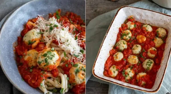 Leckeres polpette rezept: herzhafte Fleischbällchen in Tomatensauce, einmal im Teller mit Pasta und Parmesan, einmal im Auflauf.