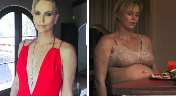 Charlize Theron w czerwonej sukni i w innej, przytyła do roli.