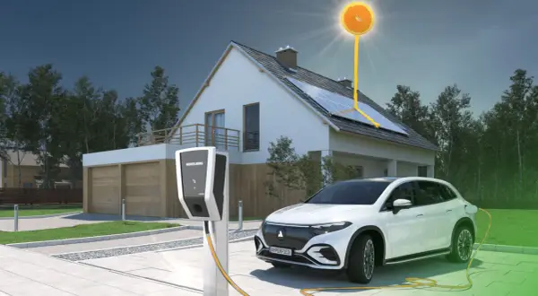 Biały samochód elektryczny jest podłączony do ładowarki przy nowoczesnym domu z panelami słonecznymi. Słońce w kształcie pomarańczy symbolizuje czystą energię.