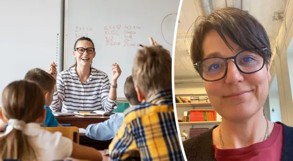 Glad lärare skrattar med eleverna i klassrummet. Ingen behöver ha tråkigt när undervisningen är så här rolig!