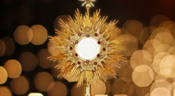 Złota monstrancja z hostią i cherubinami, otoczona promieniami. Symbolizuje pierwsze piątki miesiąca zasady.