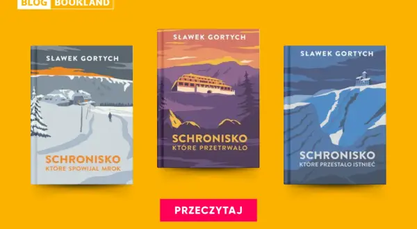Trzy okładki książek Sławka Gortycha z serii "Schronisko". Każda przedstawia inne schronisko w górach, w różnych sceneriach.